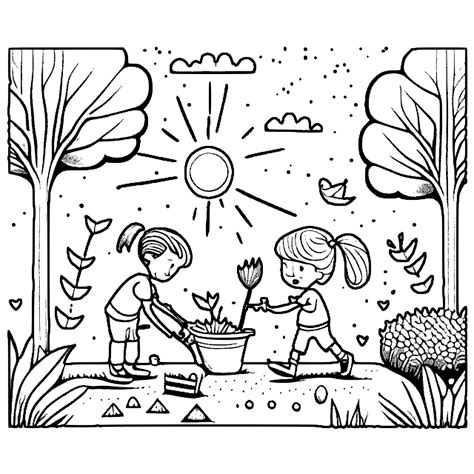 Kids Helping in the Garden Coloring Page · Creative Fabrica