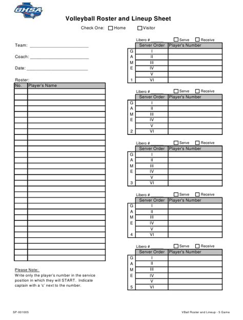 Volleyball Roster and Lineup Sheet Template - Ghsa Download Printable ...