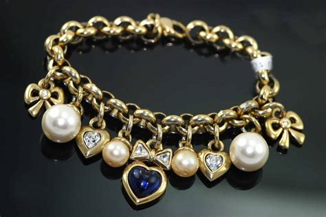 Vintage Heart & Bows Gold Chunky Charm Cocktail Bracelet With Crystals And Pearls by ...