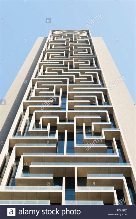 Detail of modern architectural details on new high-rise apartment building in Dubai Unite ...