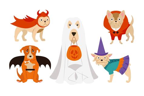 Cute Dogs of Different Breeds in Halloween costumes set. Funny Pets Animals Dressed for carnival ...