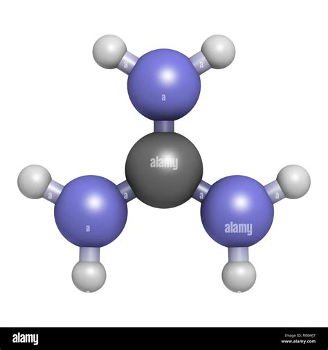 Guanidinium cation. Protonated form of guanidine. 3D rendering. Atoms are represented as spheres ...