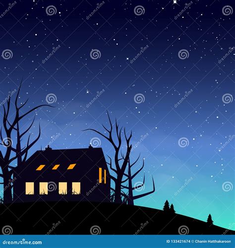 House Silhouette Poster Night Scene with Stars Scatter Galaxy an Stock Vector - Illustration of ...