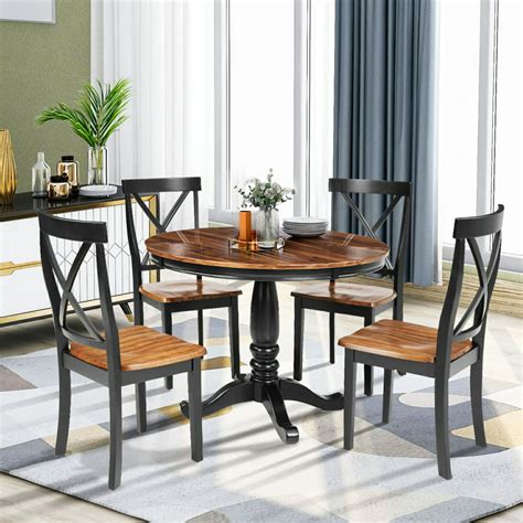 5 Pieces Dining Table and Chairs Set for 4 Persons, Round Solid Wood Table with 4 Chairs, Suit ...