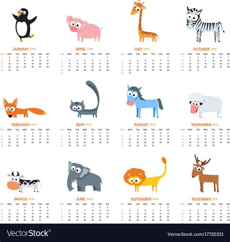 Monthly calendar 2018 with cute animals Royalty Free Vector