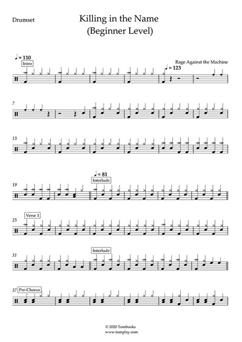 Killing in the Name (Beginner Level) (Rage Against the Machine) - Drums Sheet Music