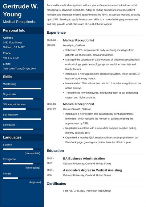 Medical Receptionist Resume Sample, Job Description, & Tips