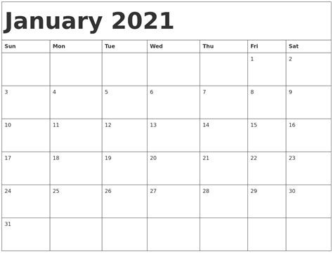 January 2021 Calendar Template