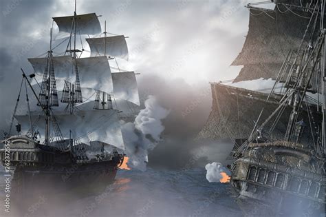 sea battle with a sailing pirate ship 3d,render Stock Illustration ...