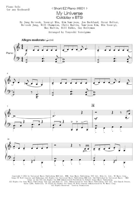 My Universe (arr. Tsuyoshi Yoroiguma) Sheet Music | Coldplay & Bts | Easy Piano