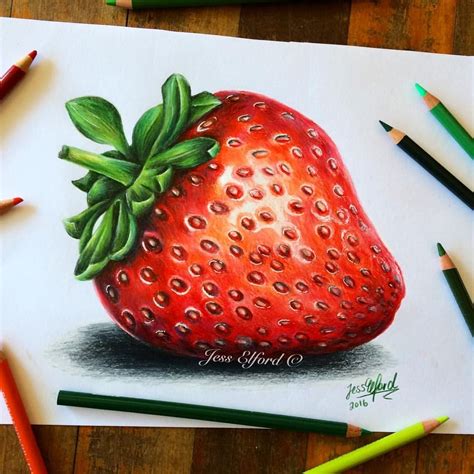 Realistic strawberry drawing by Jess Elford. Drawn with prismacolor pencils. | Fruits drawing ...