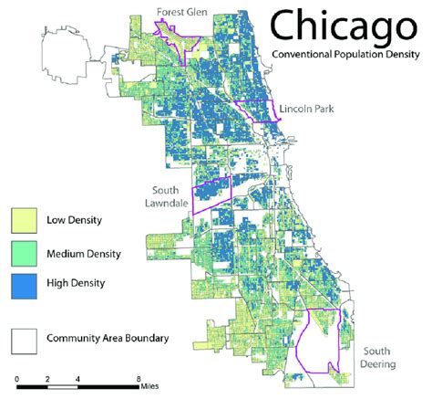 A choropleth map of conventional population density in Chicago at the ...