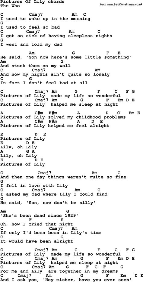 Song lyrics with guitar chords for Pictures Of Lily