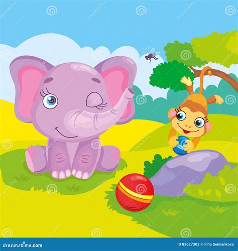 Cute Elephant and Monkey stock vector. Illustration of cartoon - 83627303