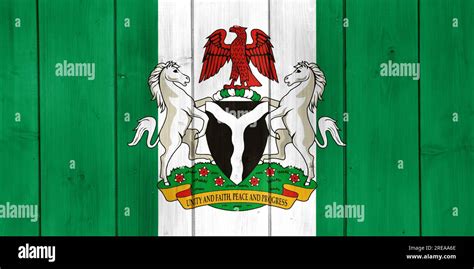 Flag and coat of arms of Federal Republic of Nigeria on a textured background. Concept collage ...