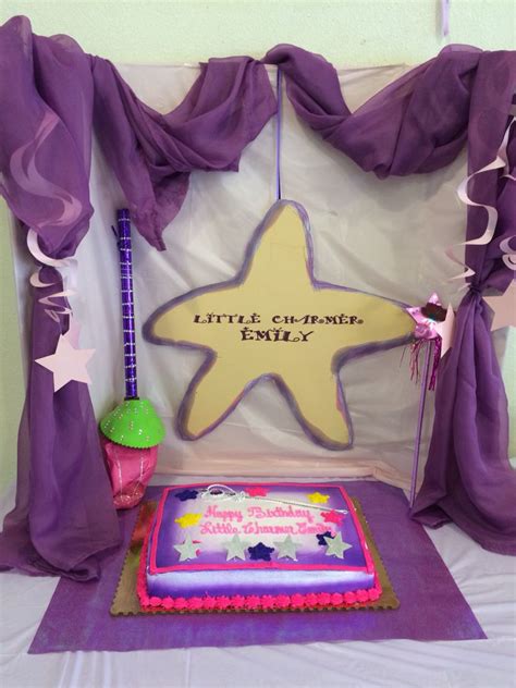 Little Charmers party theme: purple draped decorations. Love the star decor with birthday girl's ...
