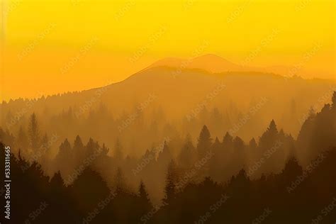 Sunrise over the misty mountains Stock Illustration | Adobe Stock