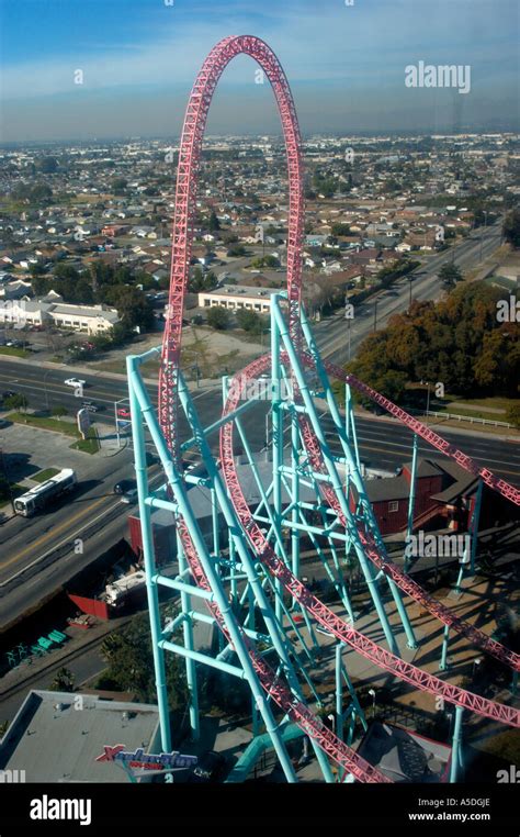 Aerial view of rollercoaster ride at Knott's Berry Farm Theme Park ...