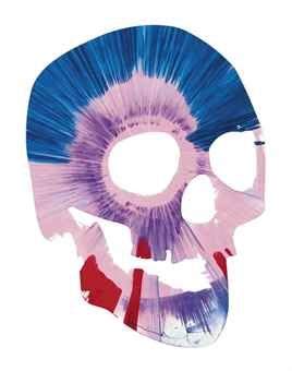 a skull shaped kite with blue, pink and red colors