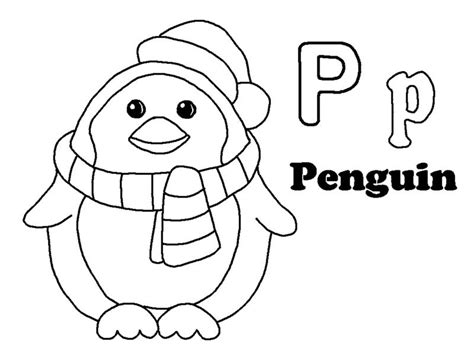 a penguin wearing a hat and scarf with the letter p on it's chest