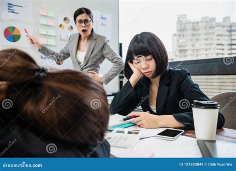 Businesswoman Yelling at Colleagues Who Doze Off Stock Image - Image of ...