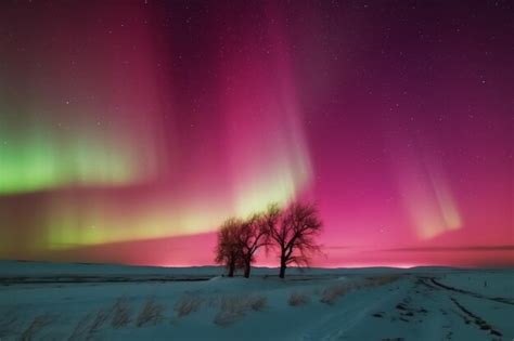 Premium AI Image | A pink aurora lights up the sky over a field.