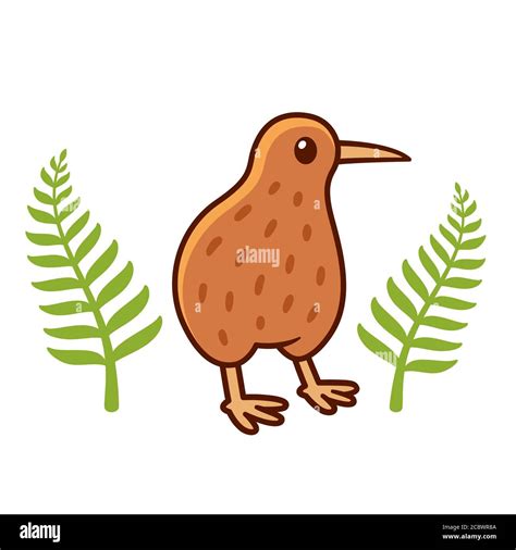 Cute cartoon kiwi bird drawing with silver fern leaves, national symbol of New Zealand. Isolated ...