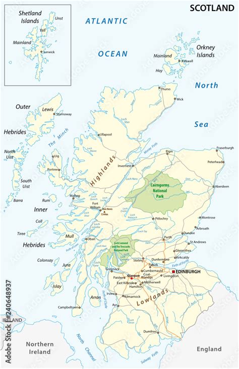 High detailed Scotland road and nationalpark map with labeling Stock ...