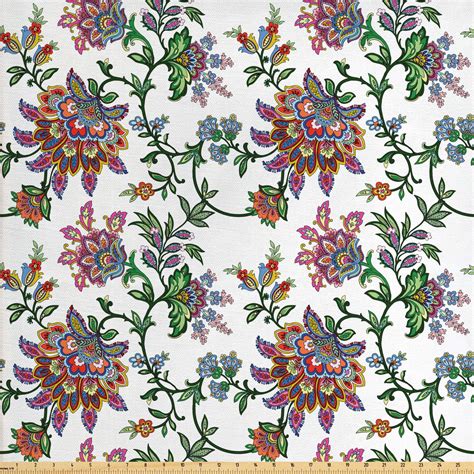 Floral Fabric by The Yard, Vintage Style Ornamental Flower Motifs Flourishing Romantic Spring ...