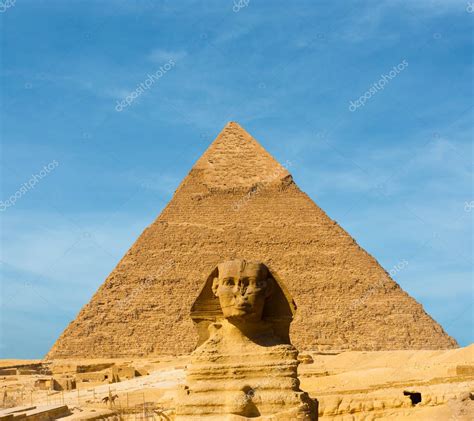 Sphinx Face Pyramid Khafre Centered Blue Sky — Stock Photo © pius99 #129296178