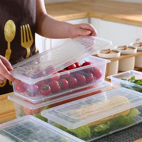 Clear Fridge Storage Box with Lid and Drain Pad Stackable food ...