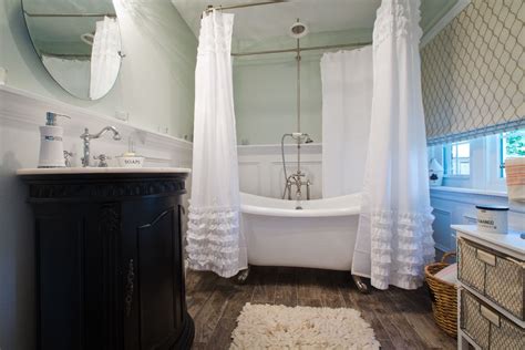 Ruffled shower curtain in light green bathroom. | Light green bathrooms ...