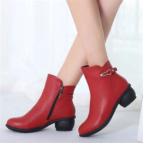 Womans Red Boots Women Leather Ankle Boots 2018 Warm Fur Plush Winter Shoes Women Autumn Fashion ...