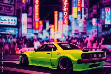 Tuned green car in Tokyo with neon lights, JDM Japanese Domestic Market Stock Illustration ...