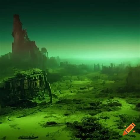 Post-apocalyptic landscape in vibrant green on Craiyon