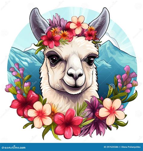 Portrait of a Lama with Flowers Against the Background of Mountains ...