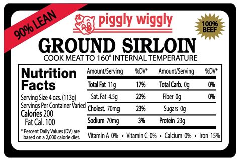 Piggly Wiggly 90% Lean Ground Sirloin Nutrition Fact Labels at ScaleLabels.com