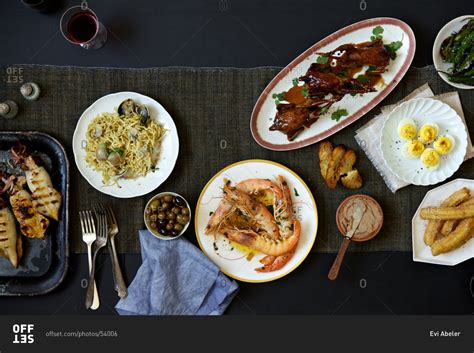 Top view of tapas table scene stock photo - OFFSET