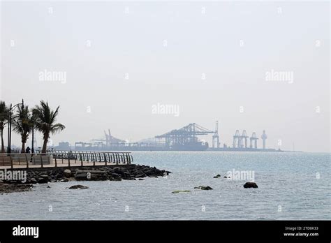 View of the Red Sea port of Jeddah in Saudi Arabia from Corniche Road ...