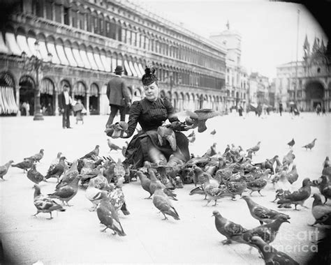 Woman Feeding Pigeons by Bettmann