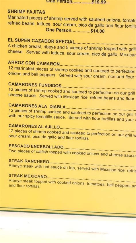 Menu at Los Cazadores restaurant, Mount Vernon