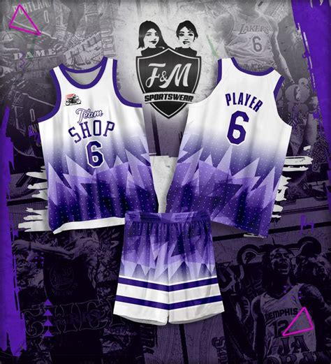 two basketball uniforms on display in front of purple and black ...