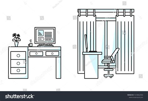 Outline Vector Illustration Office Desk Interior Stock Vector (Royalty ...