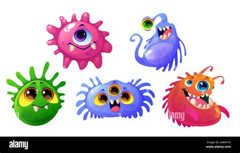 Germs, viruses and bacteria cartoon characters with cute funny faces. Smiling pathogen microbes ...