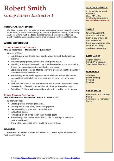 Group Fitness Instructor Resume Samples | QwikResume