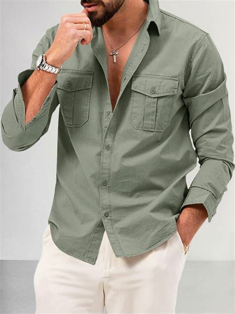 Casual Double Pockets Solid Shirt - Long Sleeve, Ideal for Daily Wear ...