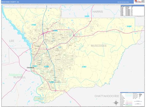 Muscogee County, GA Zip Code Wall Map Basic Style by MarketMAPS