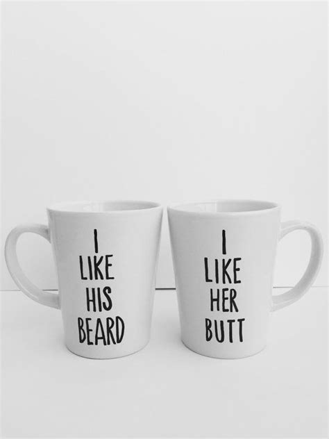 Set of Two 14 Oz His and Hers Ceramic Coffee Mugs with "I Like His Beard" and "I Like Her Butt ...