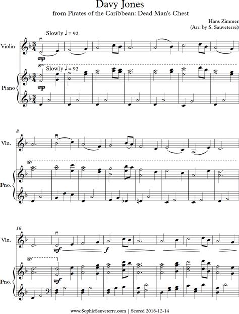 Davy Jones from Pirates of the Caribbean – Easy Sheet Music Arrangement for Violin and Piano ...