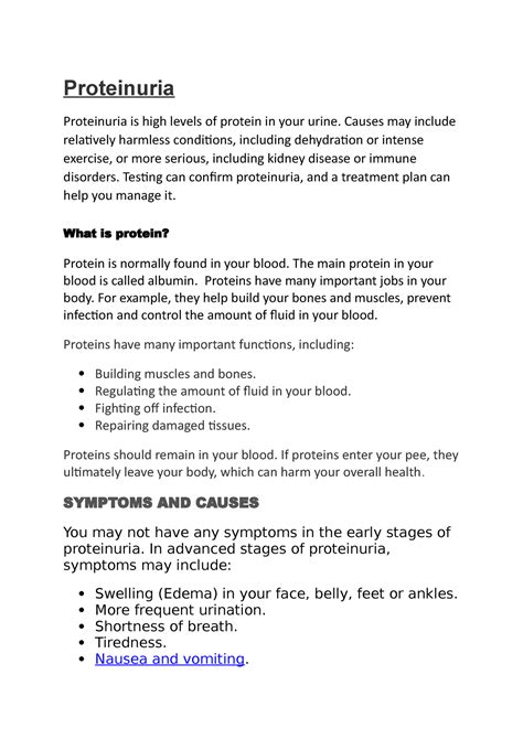 Proteinuria - Proteinuria Proteinuria is high levels of protein in your ...